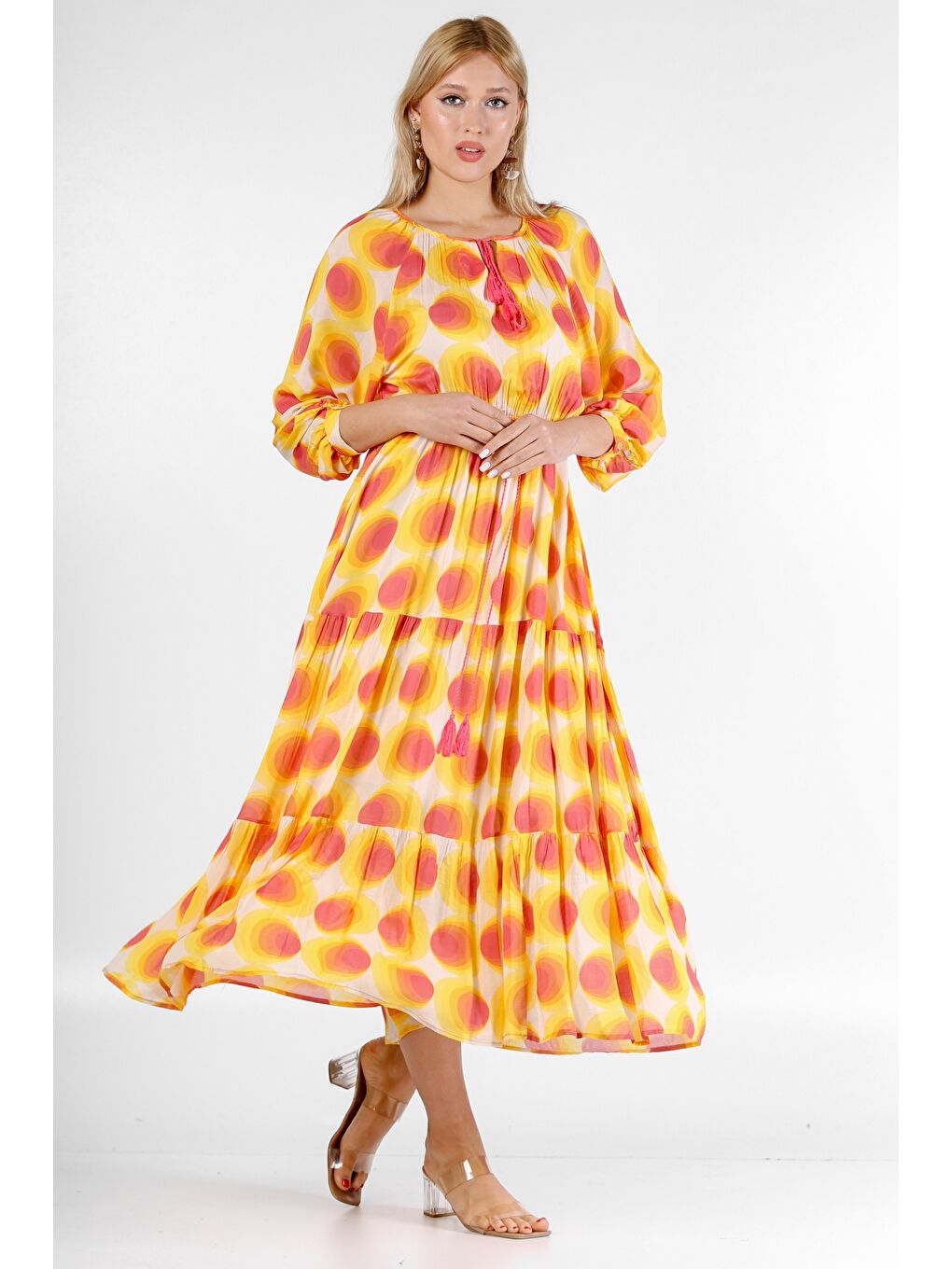 Pembe İtalyan Şeftali-Turuncu Yuvarlak Yaka 3/4 Kol Desenli Astarlı Şifon Dokuma Elbise-5