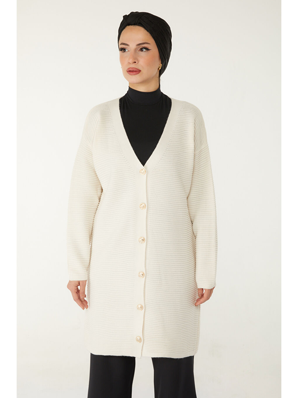 Fitilli Düğmeli Uzun Triko Hırka Ekru - 27639-2