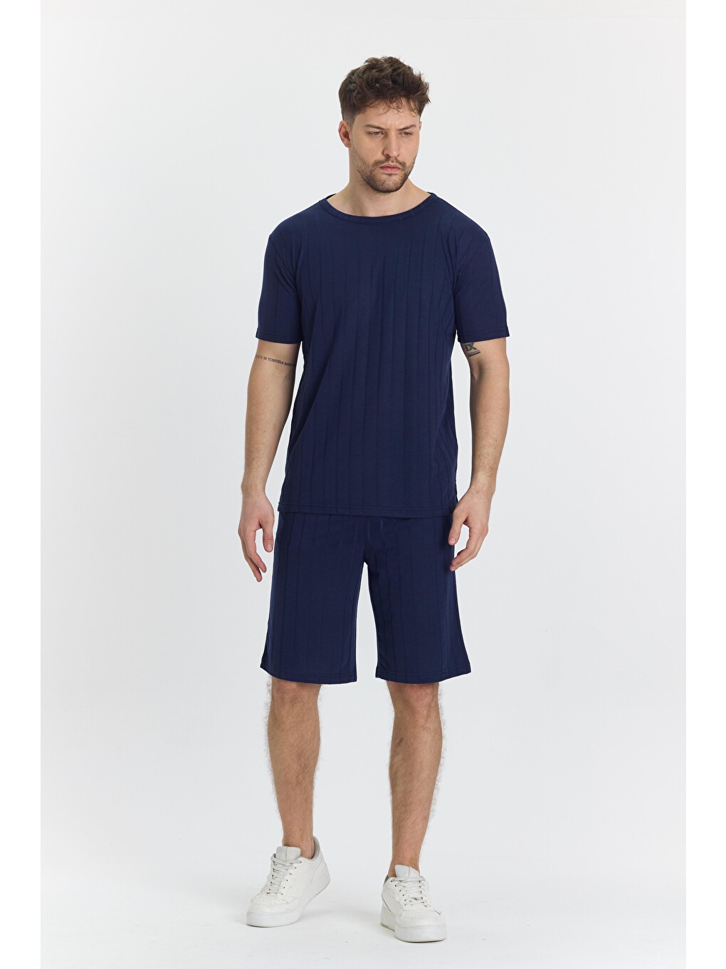 Erkek Çizgli Polycotton T-shirt Şort İkili Takım Lacivert 5734-l