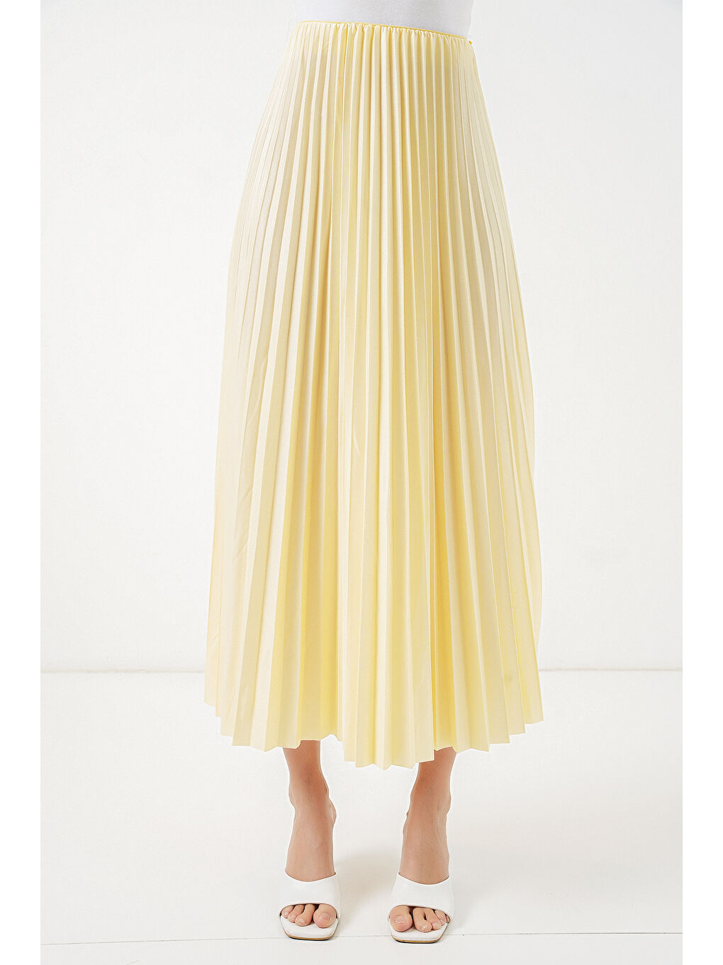 8009 Deri Görünümlü Piliseli Etek - Sarı-1