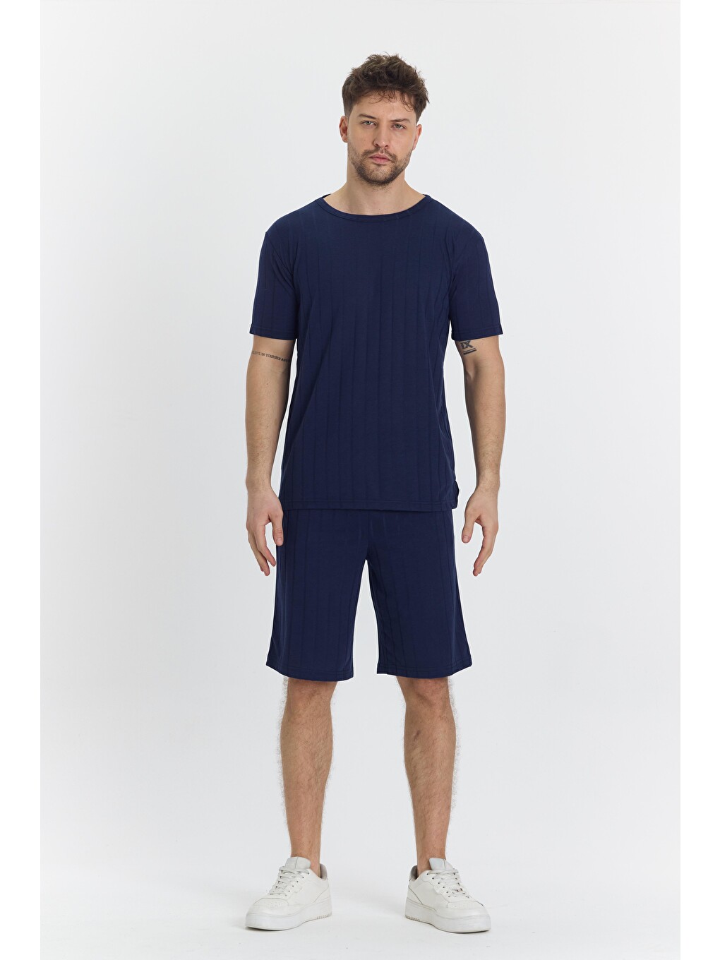 Erkek Çizgli Polycotton T-shirt Şort İkili Takım Lacivert 5734-l-1