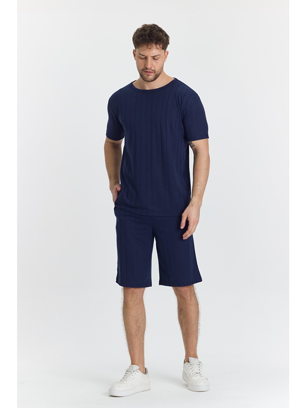 Erkek Çizgli Polycotton T-shirt Şort İkili Takım Lacivert 5734-l-2
