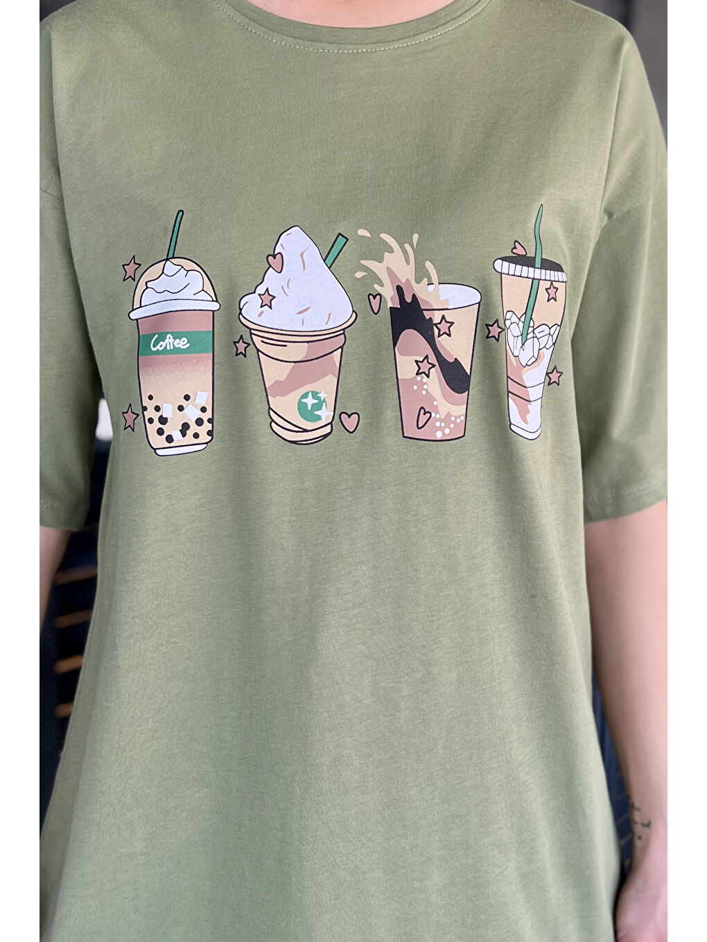 Haki Bisiklet Yaka Ön Baskılı Kadın Tişört-3