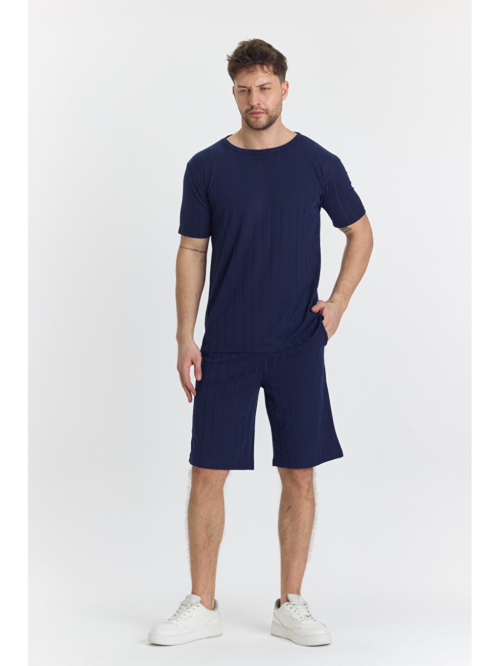 Erkek Çizgli Polycotton T-shirt Şort İkili Takım Lacivert 5734-l-3