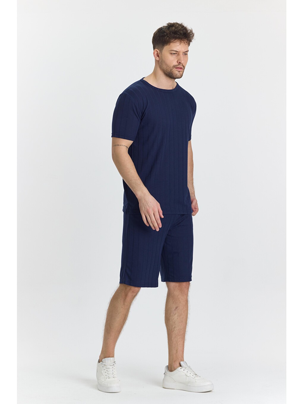 Erkek Çizgli Polycotton T-shirt Şort İkili Takım Lacivert 5734-l-4