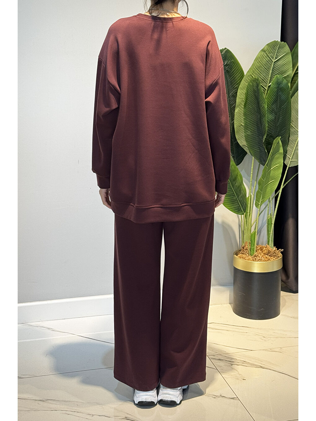 Kadın Pamuklu Tunik Pantolon Yazı Detay Basic Takım 35790 Bordo-2