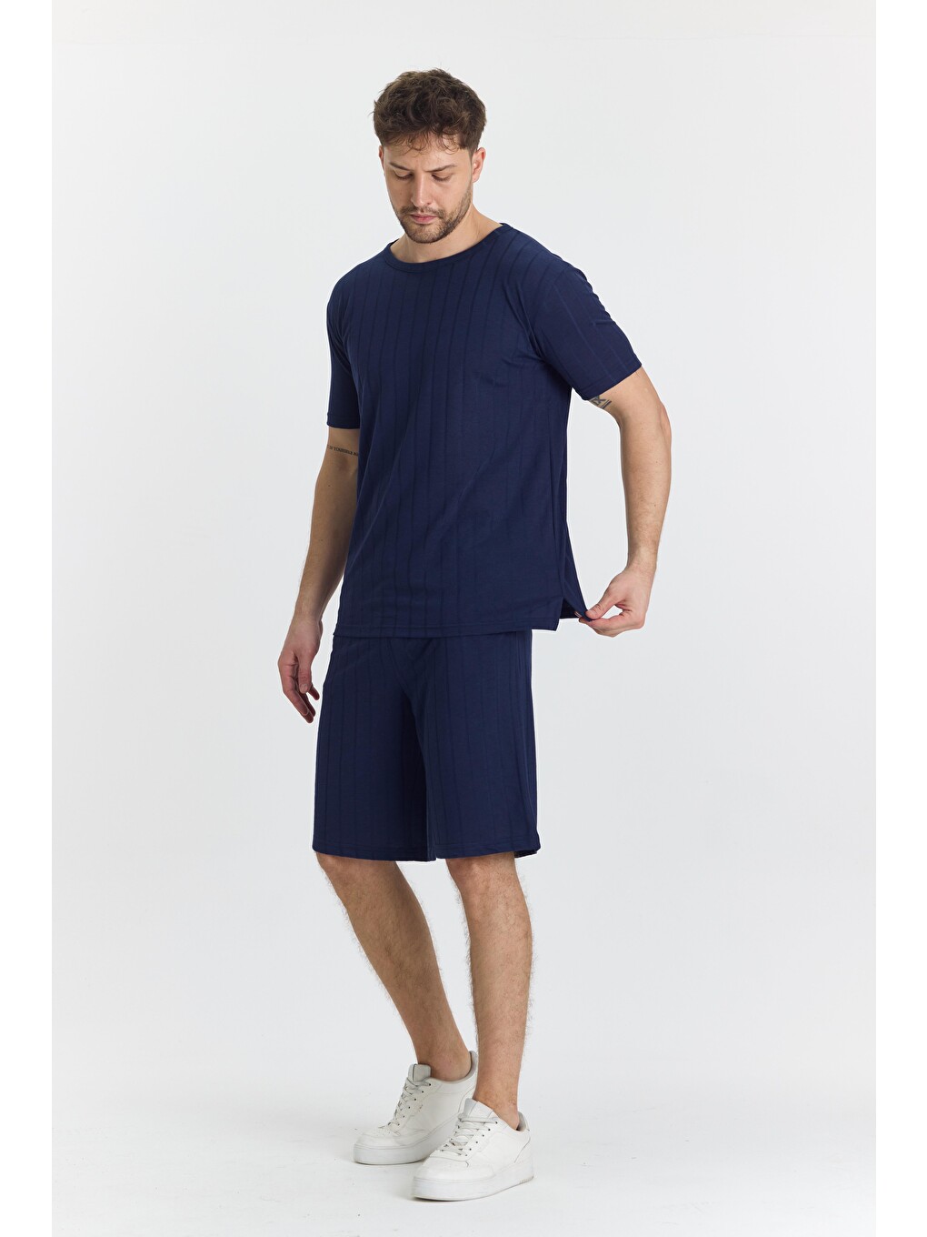 Erkek Çizgli Polycotton T-shirt Şort İkili Takım Lacivert 5734-l-5