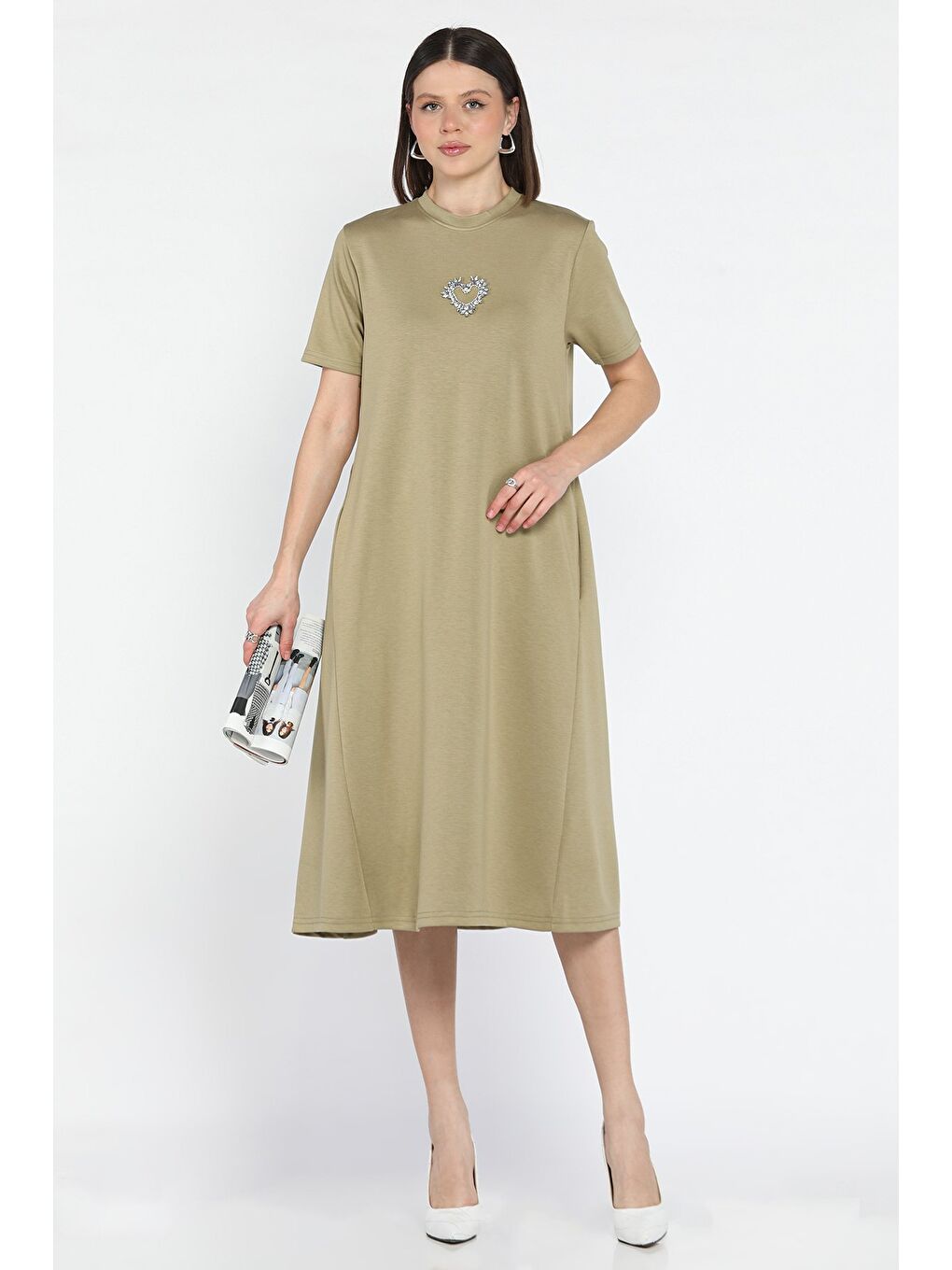 Haki Bisiklet Yaka Taş Detaylı Cepli Kadın Kısa Kol Elbise