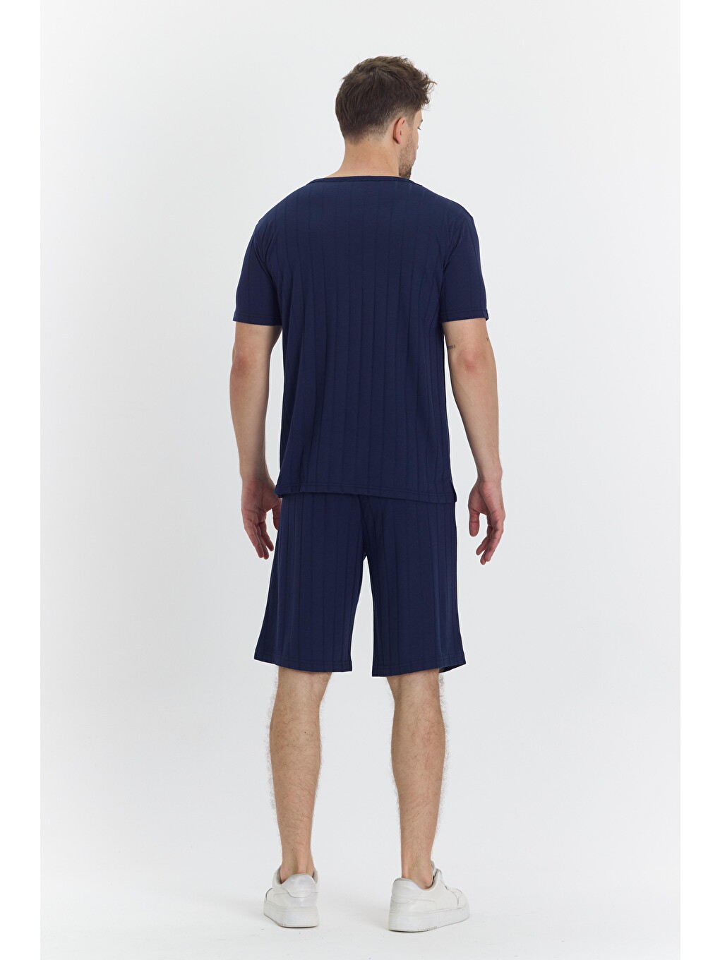 Erkek Çizgli Polycotton T-shirt Şort İkili Takım Lacivert 5734-l-6