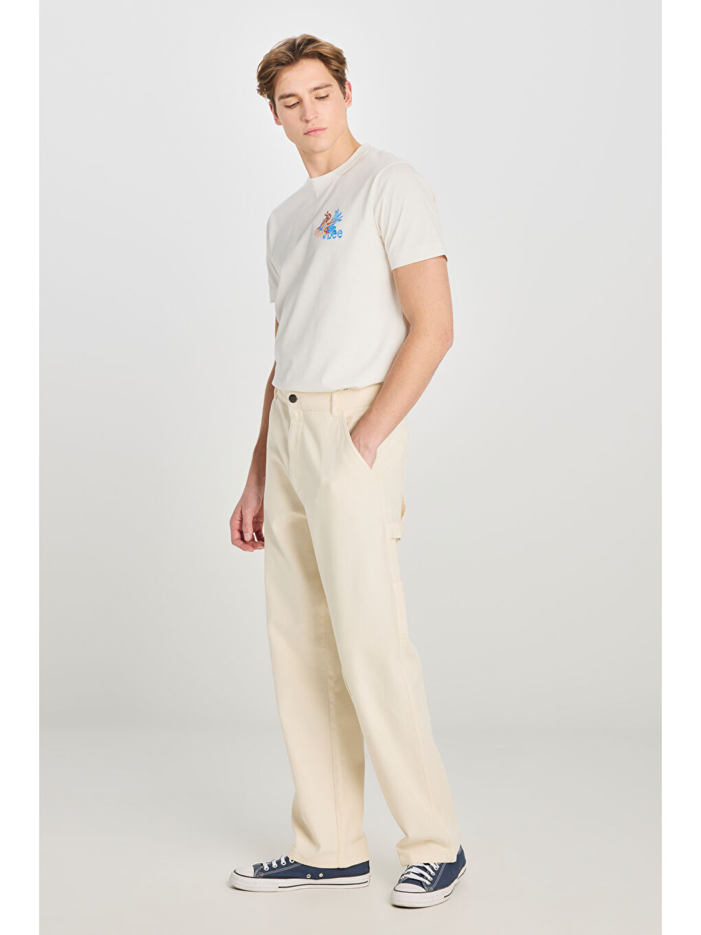 %100 Pamuk Carpenter Fit Geniş Kesim Ekru Denim Jean Pantolon-1