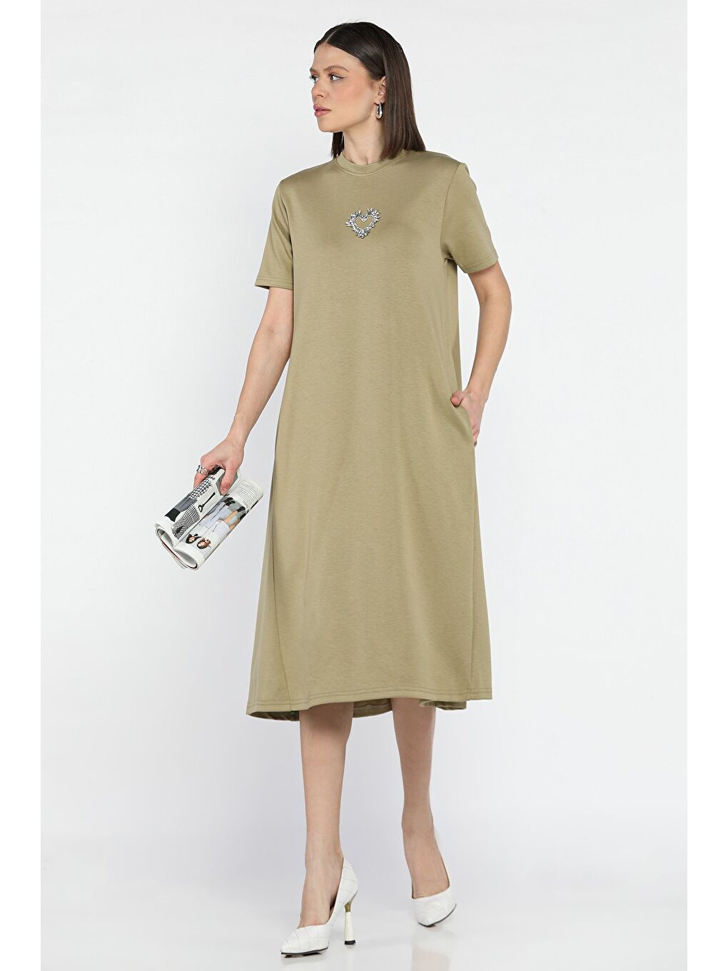 Haki Bisiklet Yaka Taş Detaylı Cepli Kadın Kısa Kol Elbise-1