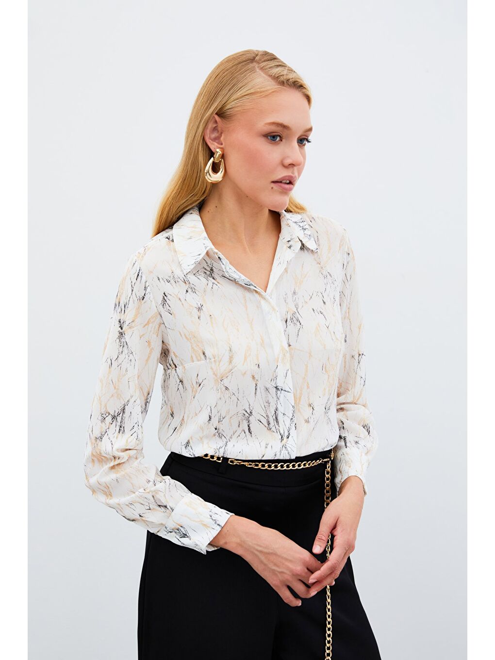 Lila Parlak Desenli Gömlek - Ekru-Gold