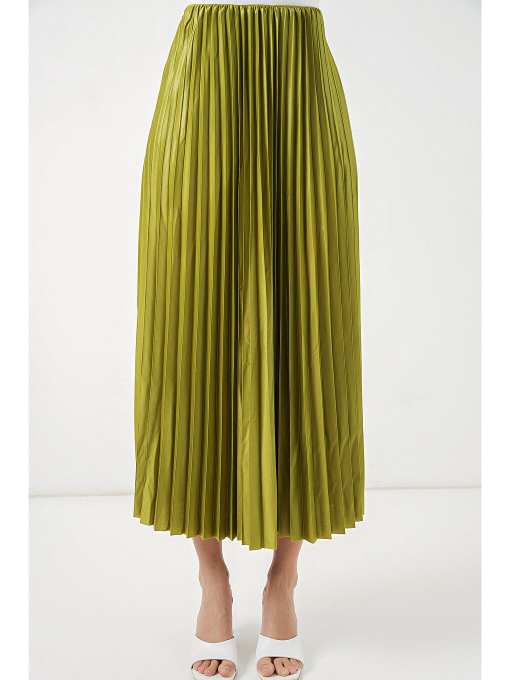 8009 Deri Görünümlü Piliseli Etek - Yağ Yeşil-1