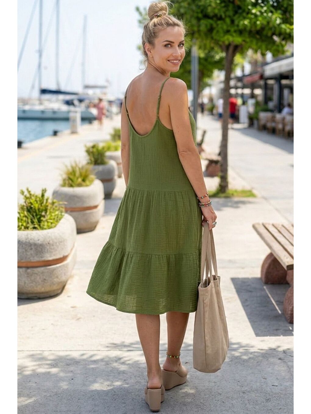 Yeşil Askılı Eteği Fırfırlı Ayarlanabilir Askılı Casual Müslin Dokuma Elbise 98 55-3