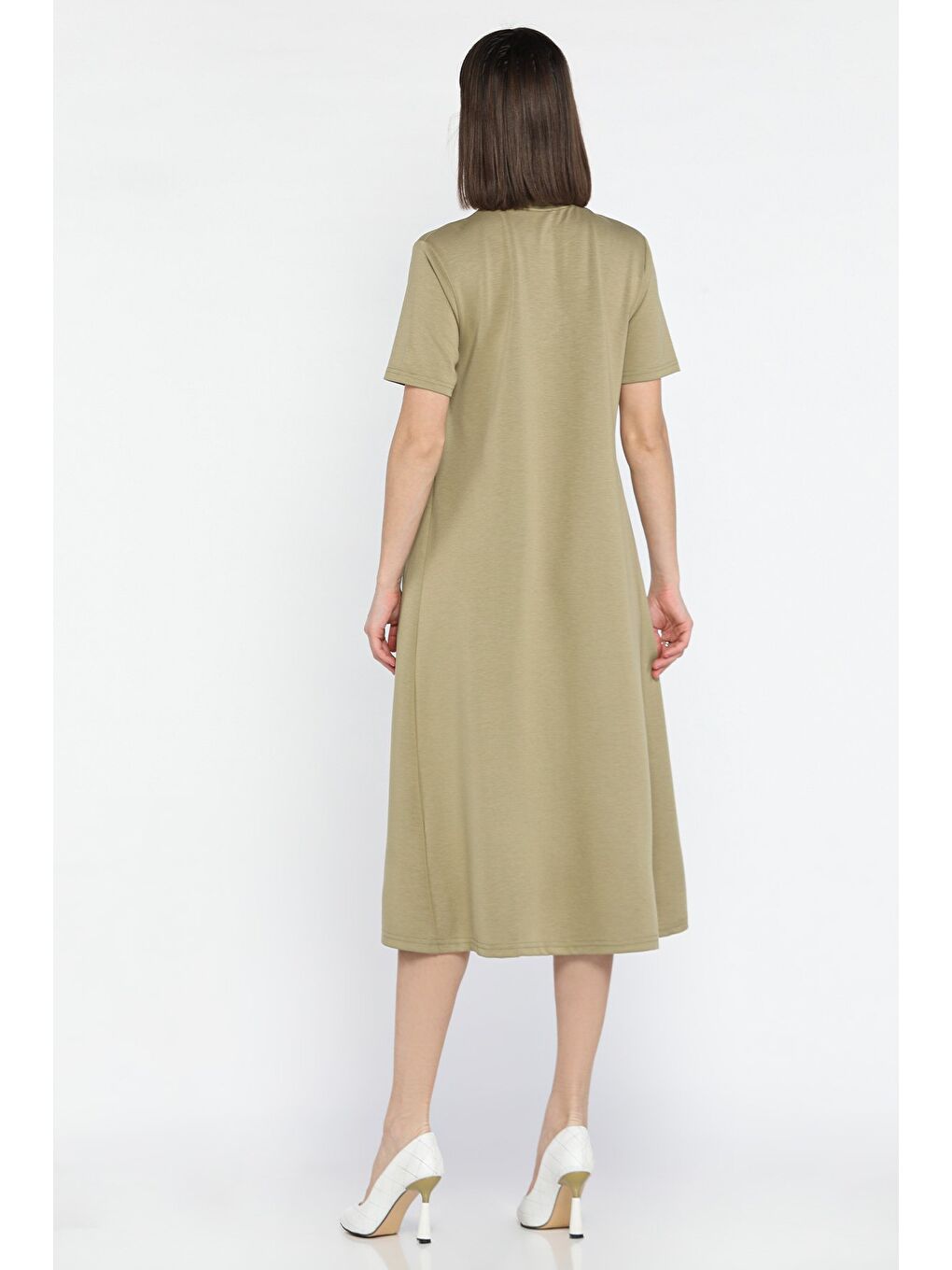 Haki Bisiklet Yaka Taş Detaylı Cepli Kadın Kısa Kol Elbise-2