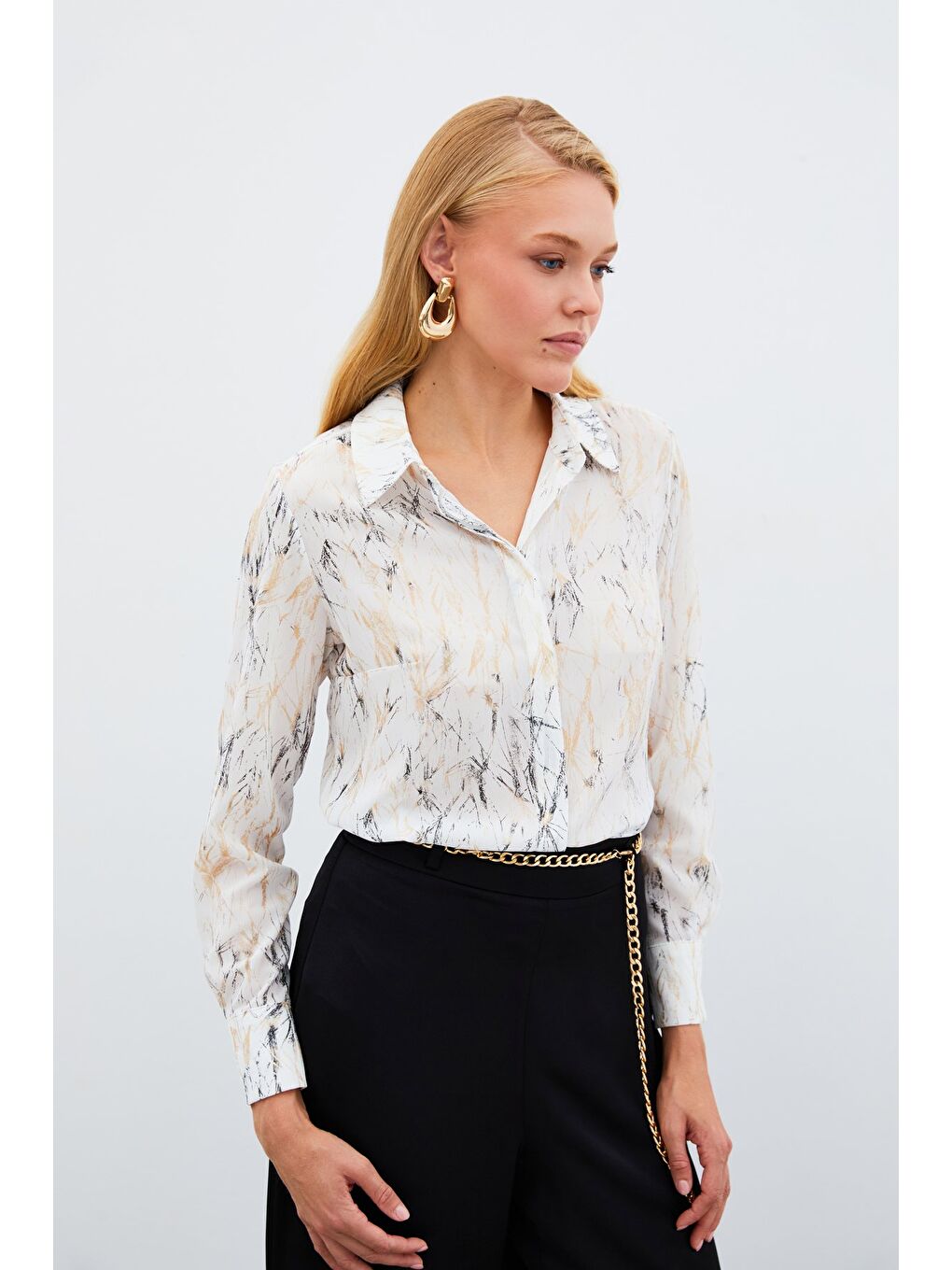Lila Parlak Desenli Gömlek - Ekru-Gold-1