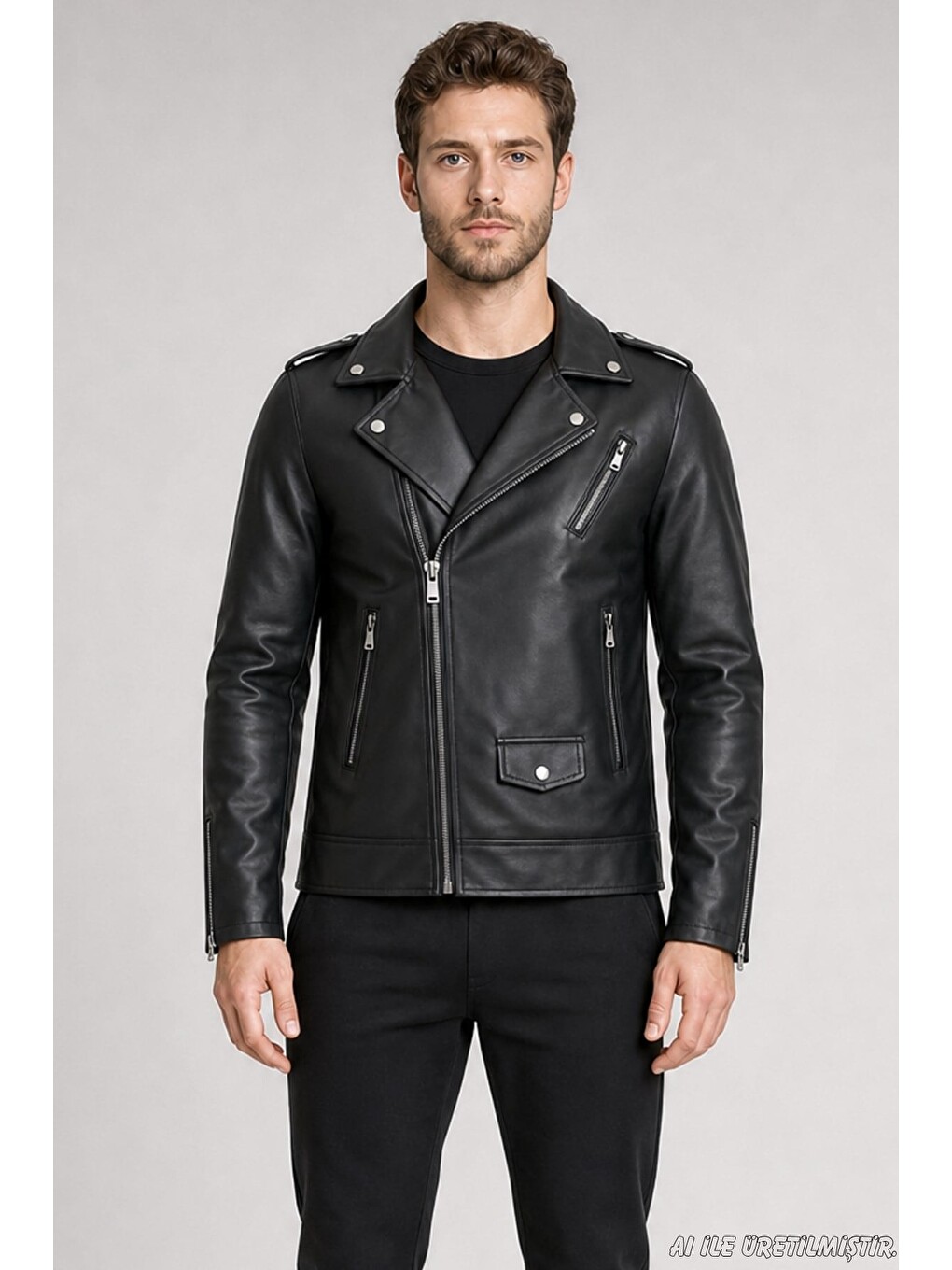 Siyah Erkek Fermuarlı Cep Detaylı Slim Fit Suni Deri Ceket