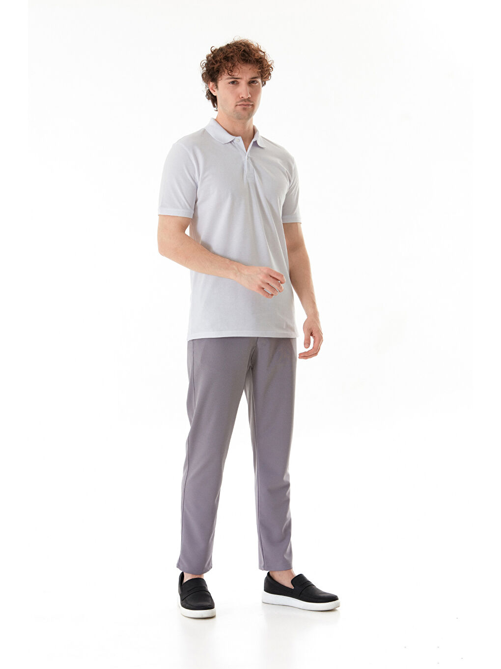 Beyaz Basic Polo Yaka Yarım Düğmeli Tişört-1