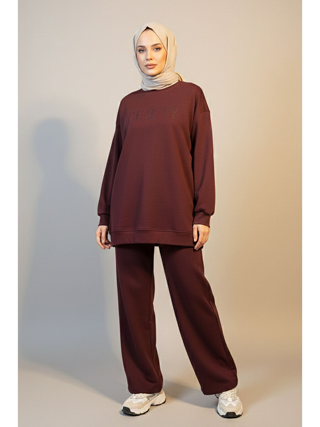 Kadın Pamuklu Tunik Pantolon Yazı Detay Basic Takım 35790 Bordo-3