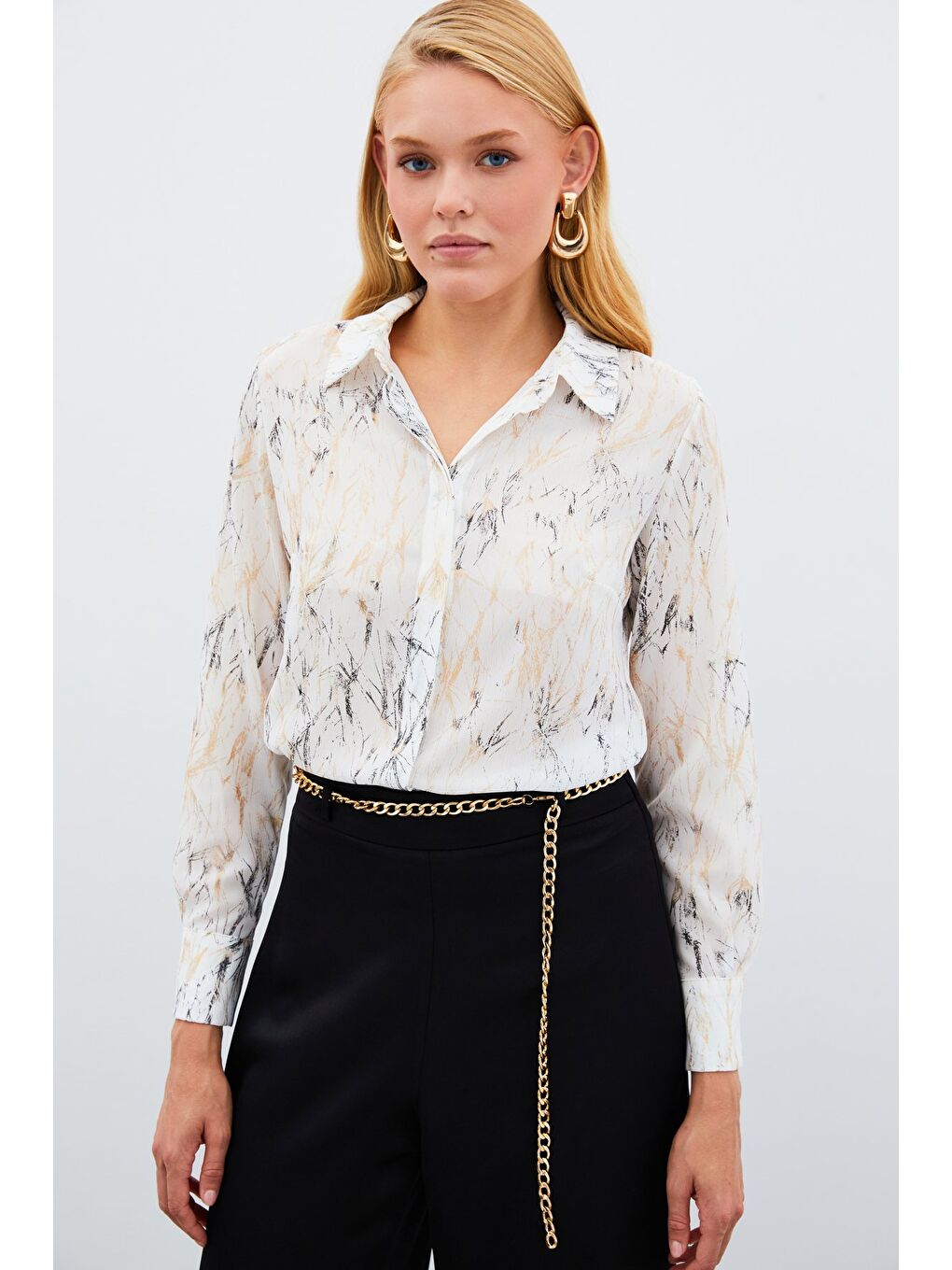 Lila Parlak Desenli Gömlek - Ekru-Gold-2