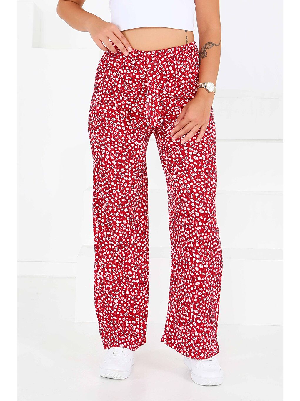 Kırmızı Desenli Beli Lastikli Bürümcük Pantolon Kirmizi - 27686-1