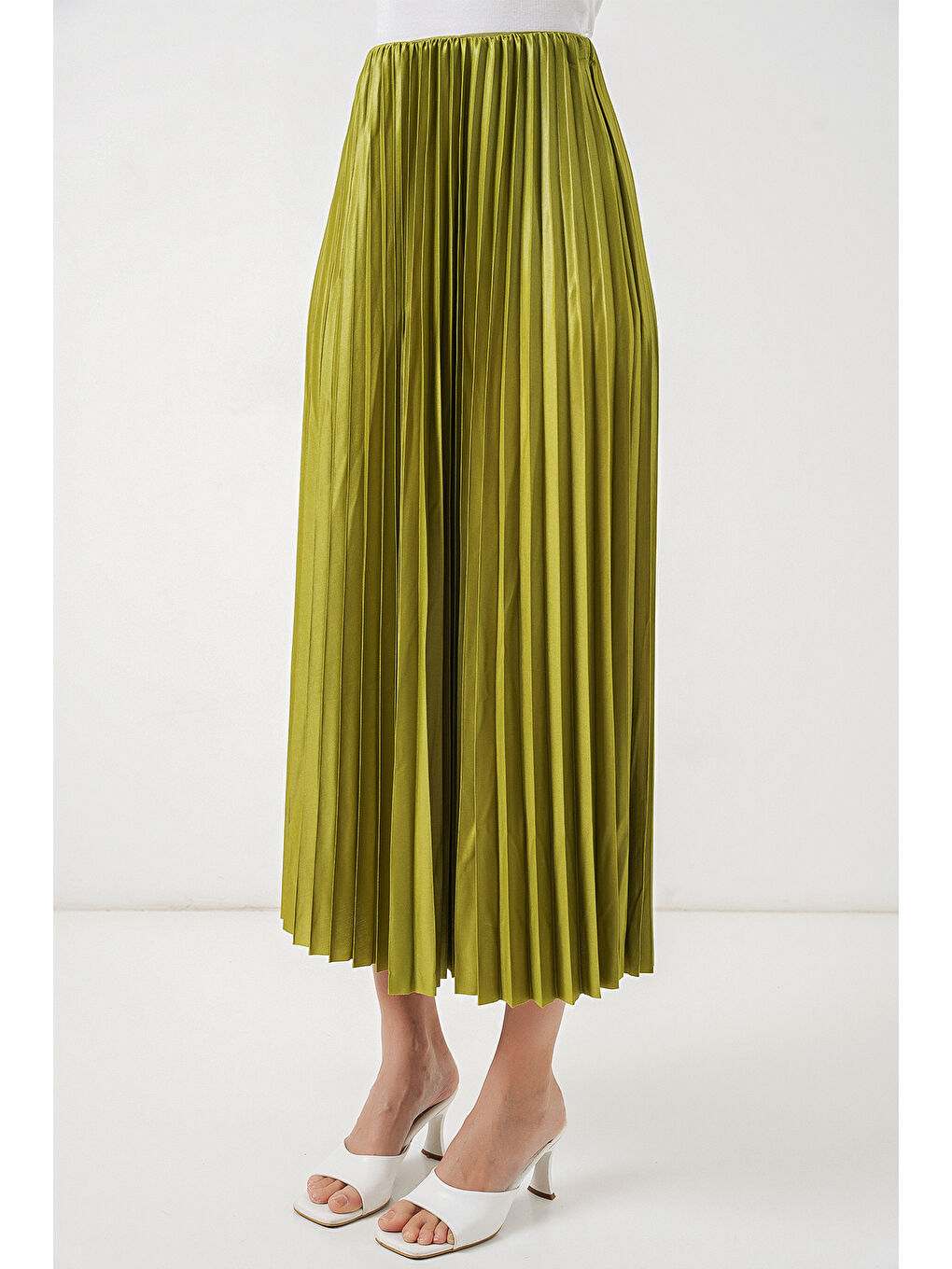 8009 Deri Görünümlü Piliseli Etek - Yağ Yeşil-3