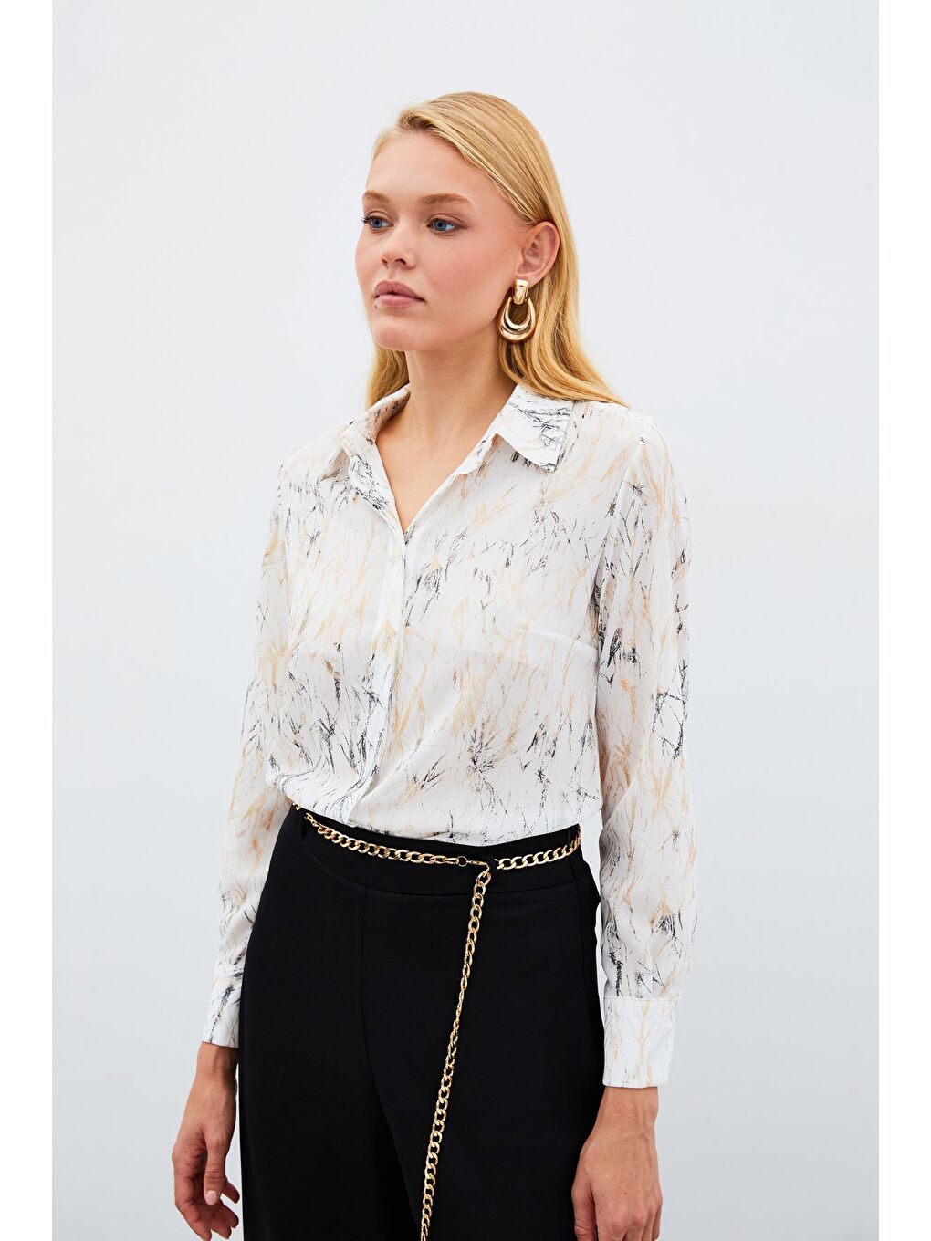 Lila Parlak Desenli Gömlek - Ekru-Gold-3