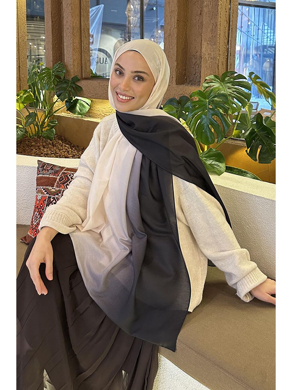 Degrade Desen Soft Şal Ekru