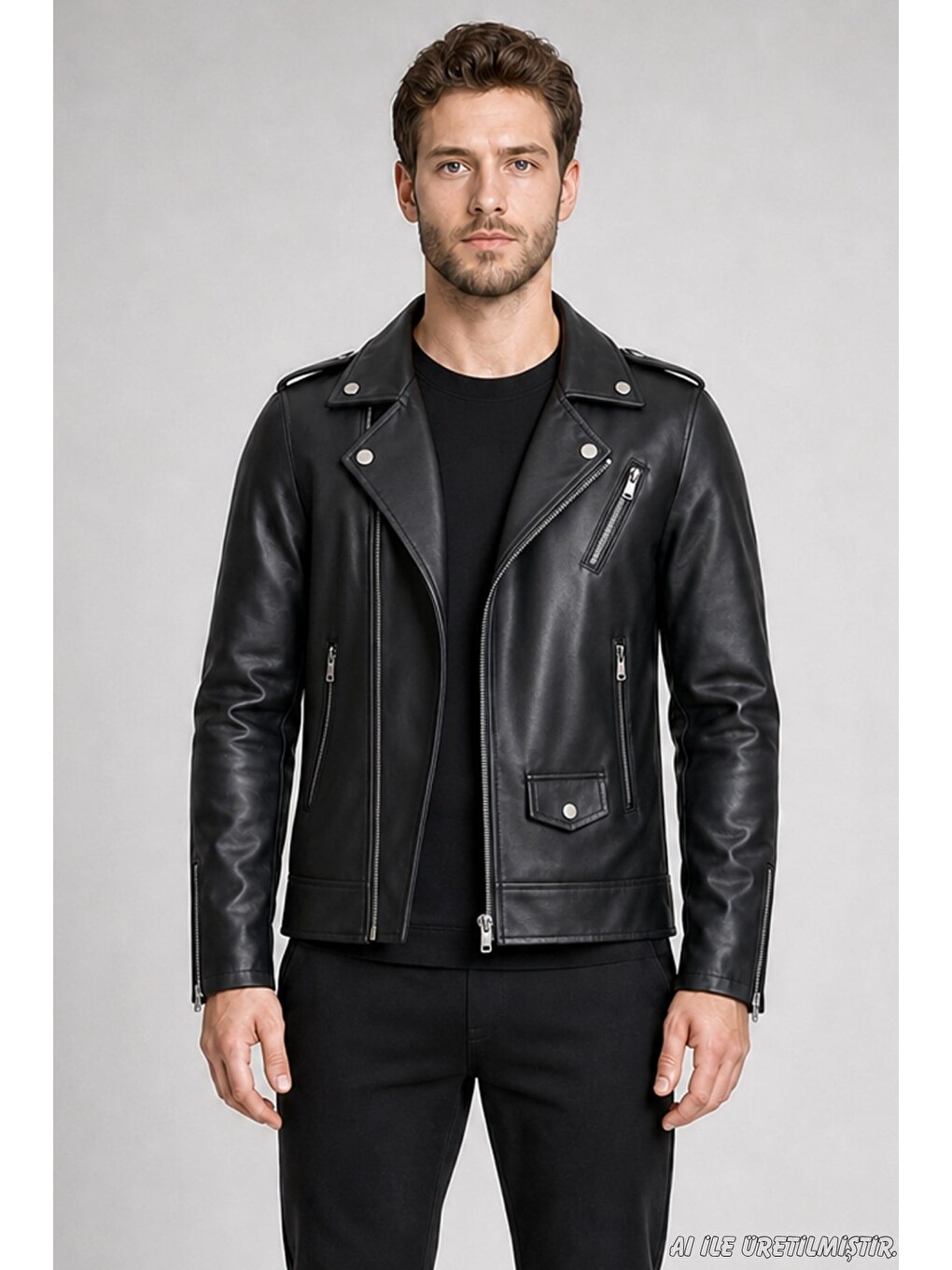 Siyah Erkek Fermuarlı Cep Detaylı Slim Fit Suni Deri Ceket-1