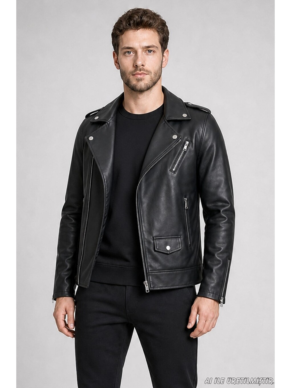 Siyah Erkek Fermuarlı Cep Detaylı Slim Fit Suni Deri Ceket-2