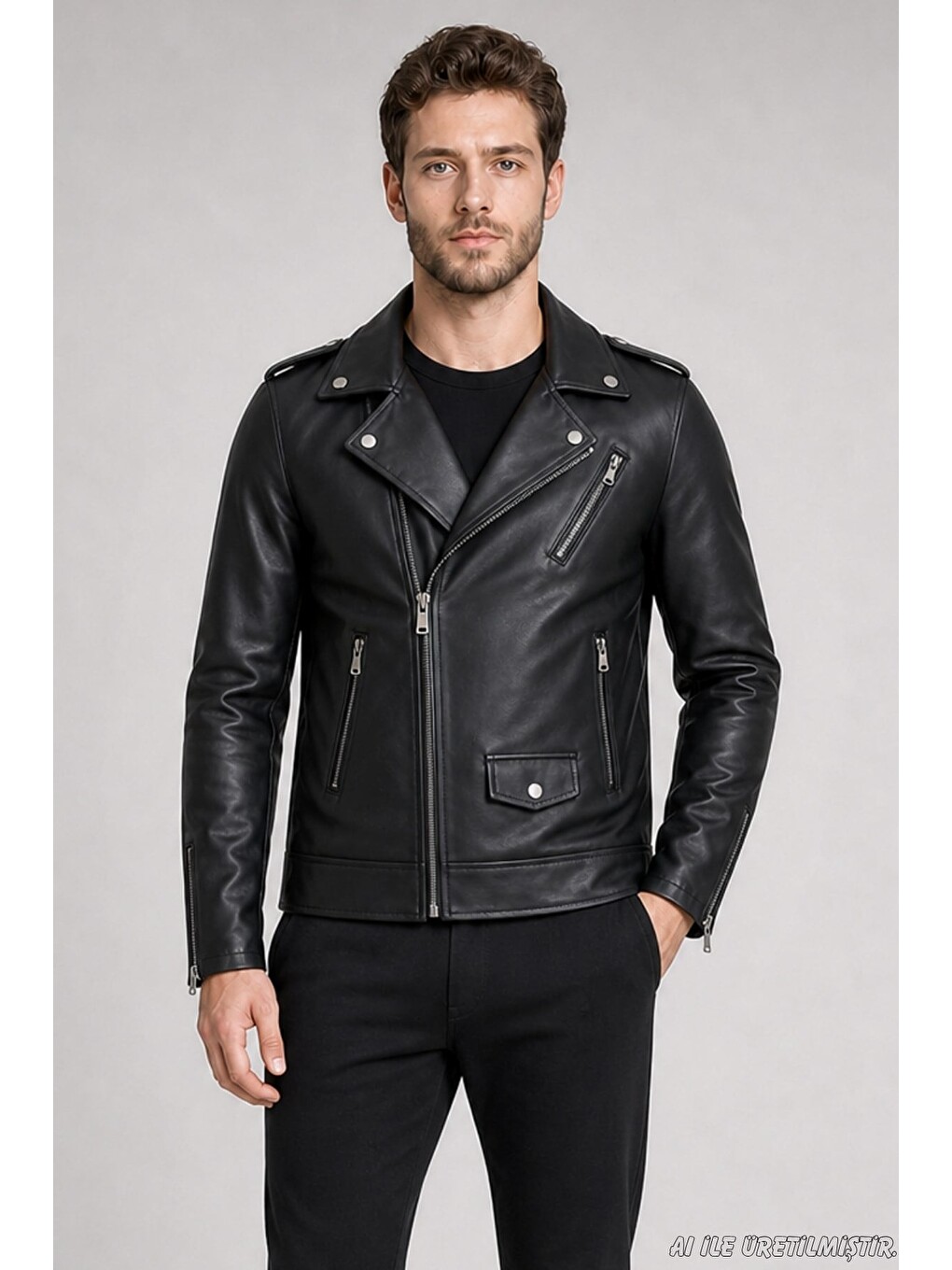 Siyah Erkek Fermuarlı Cep Detaylı Slim Fit Suni Deri Ceket-3