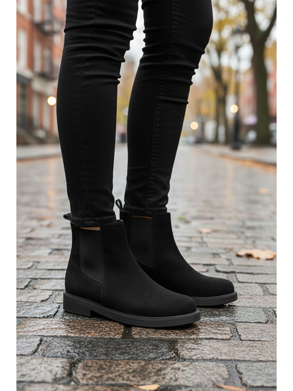 Siyah Süet Polarlı Kolay Giyilebilir Kaymaz Kadın Chelsea Bot 284097 Z-2