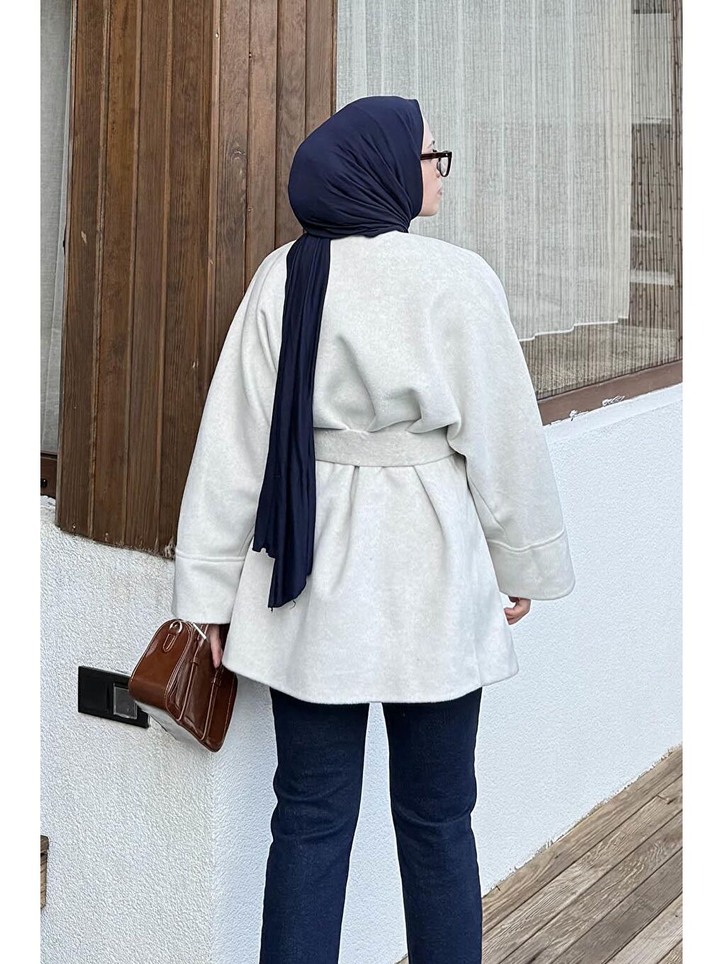 Bej Bağlama Detaylı Kaşe Kaban Taş-3