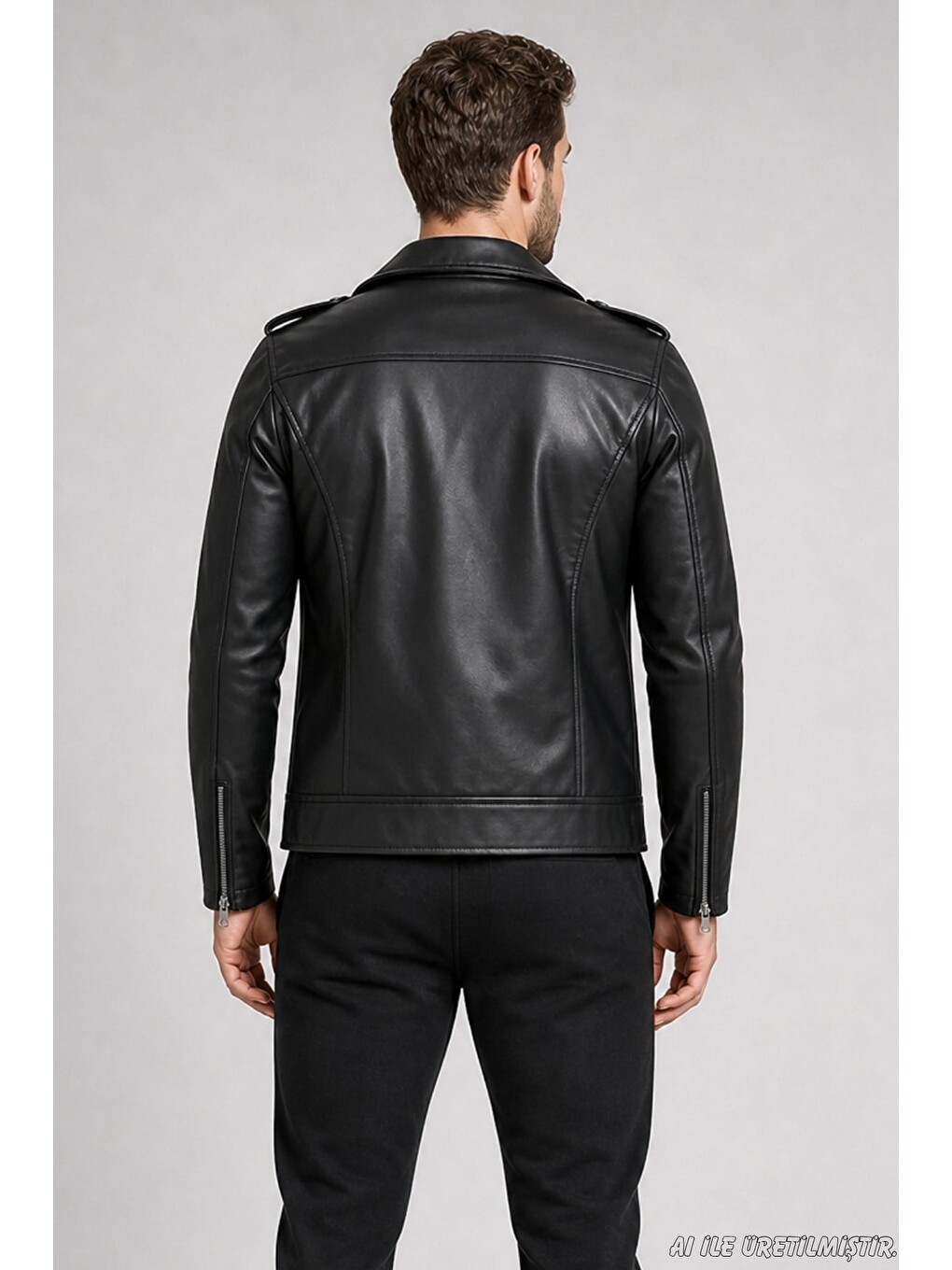 Siyah Erkek Fermuarlı Cep Detaylı Slim Fit Suni Deri Ceket-4