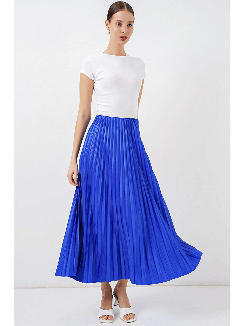 Mavi 8009 Deri Görünümlü Piliseli Etek - Saks-2