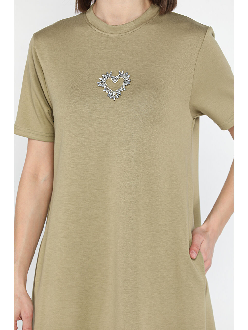 Haki Bisiklet Yaka Taş Detaylı Cepli Kadın Kısa Kol Elbise-3