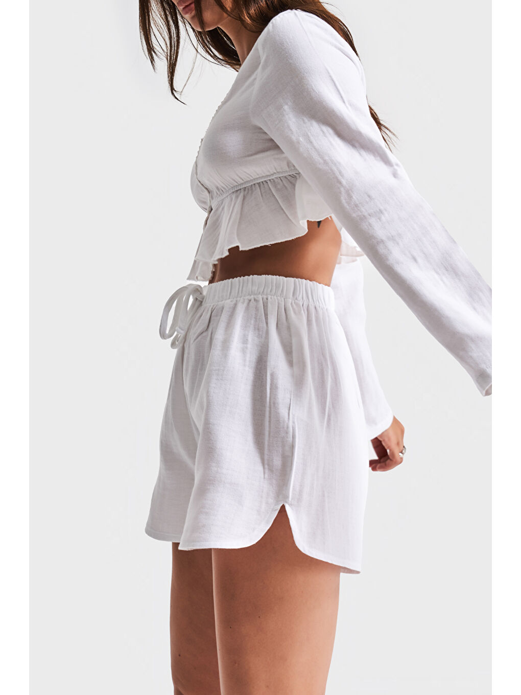 Kadın Beyaz renk s5-2 Keten Akrilik Kumaş Tasarım Şort Ve Büstiyer 2'li Kombin-1