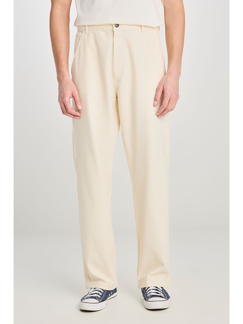 %100 Pamuk Carpenter Fit Geniş Kesim Ekru Denim Jean Pantolon-2