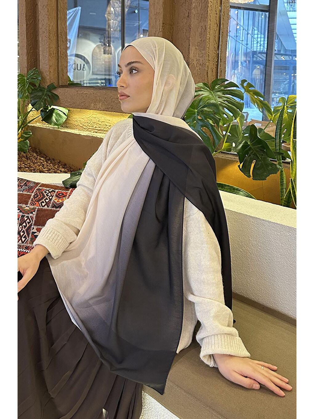 Degrade Desen Soft Şal Ekru-2