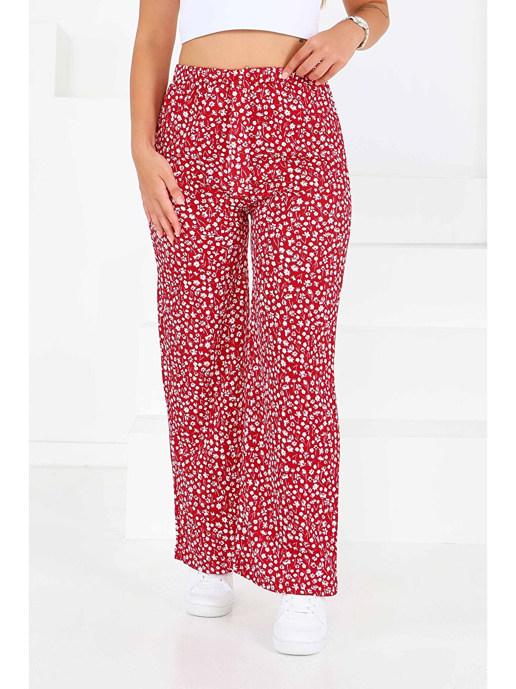 Kırmızı Desenli Beli Lastikli Bürümcük Pantolon Kirmizi - 27686-2