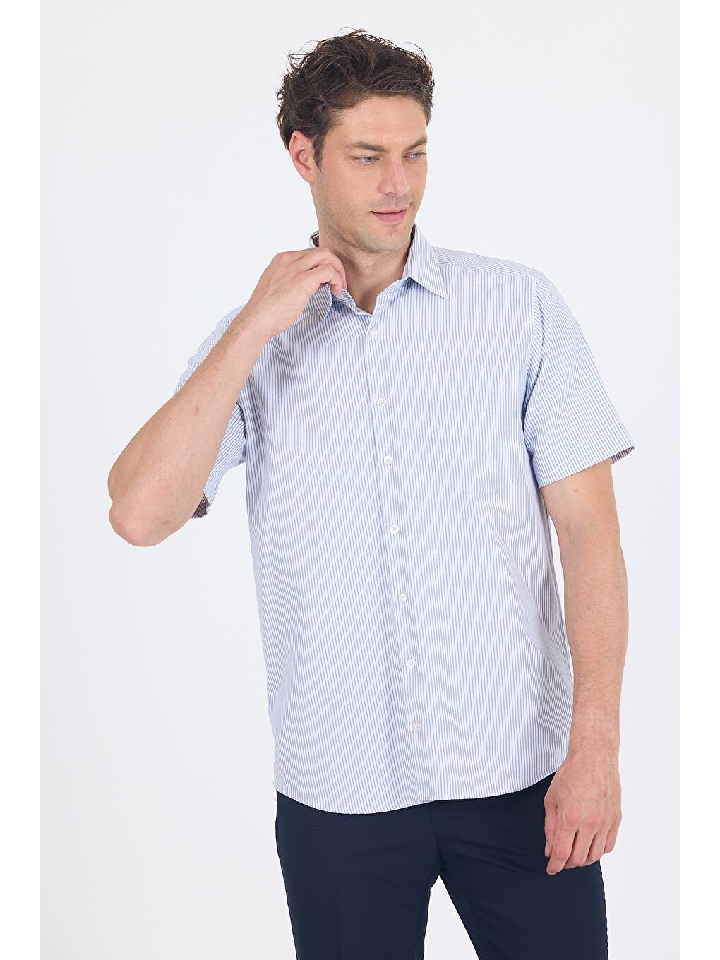 Koyu Lacivert Sert Yaka Kısa Kol Cepli Comfort Fit Cls Gömlek 1004250259-2