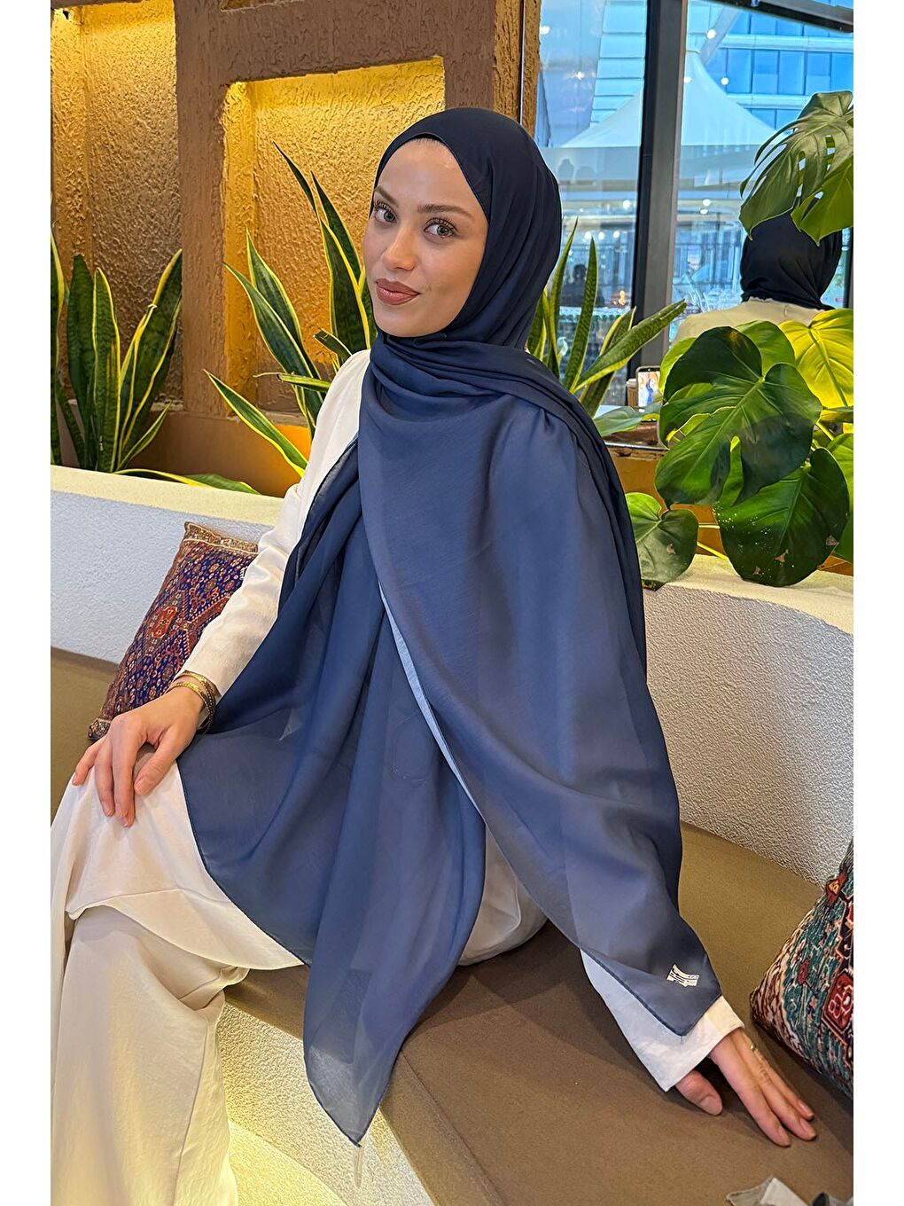 Degrade Desen Soft Şal Lacivert-1