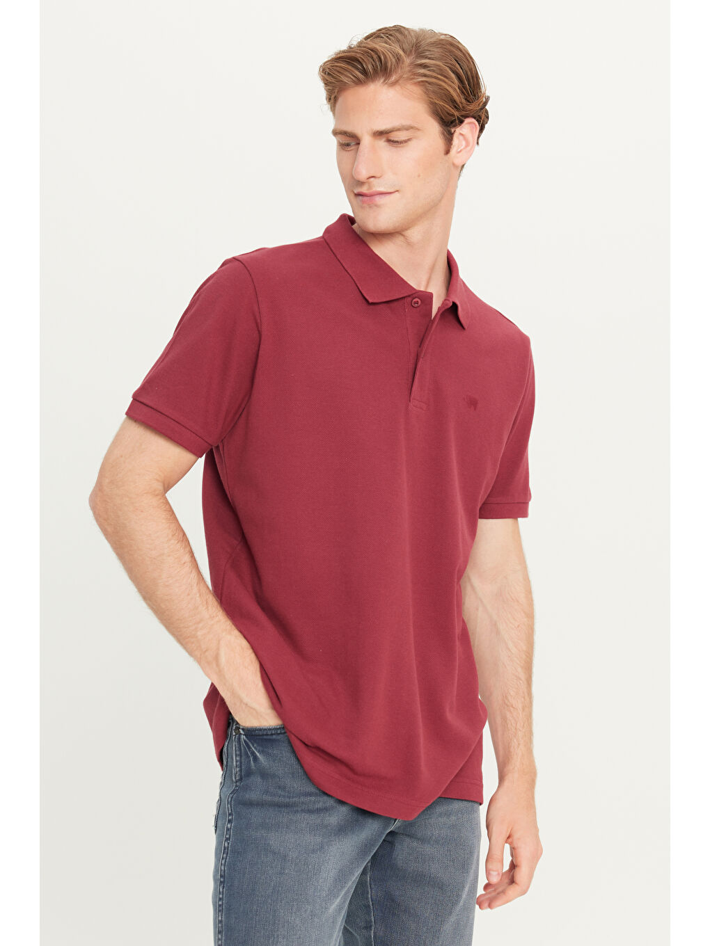 %100 Pamuk Regular Fit Normal Kesim Bordo Polo Yaka Tişört-1