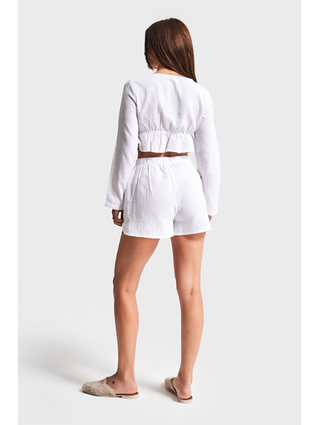 Kadın Beyaz renk s5-2 Keten Akrilik Kumaş Tasarım Şort Ve Büstiyer 2'li Kombin-3