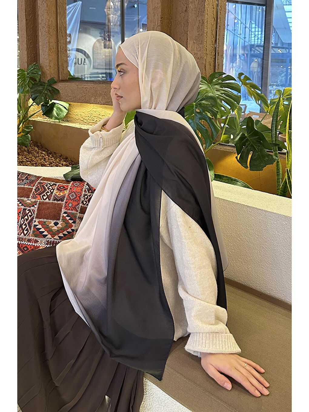 Degrade Desen Soft Şal Ekru-3