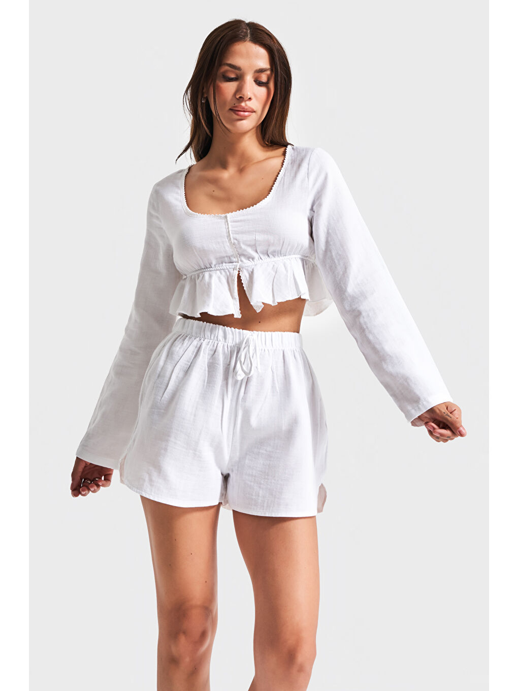 Kadın Beyaz renk s5-2 Keten Akrilik Kumaş Tasarım Şort Ve Büstiyer 2'li Kombin-4