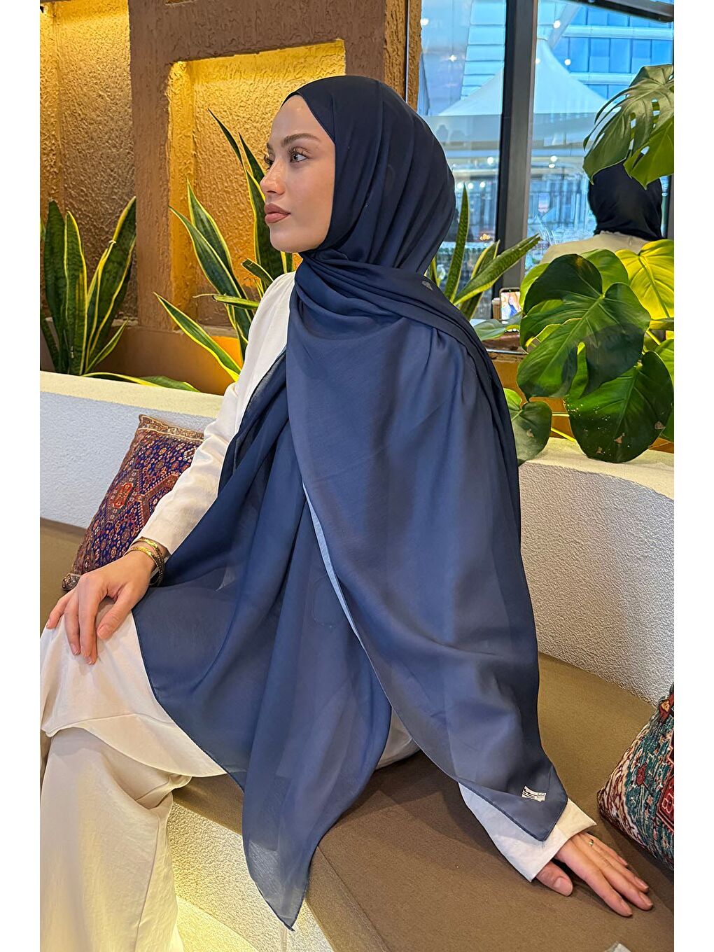 Degrade Desen Soft Şal Lacivert-3