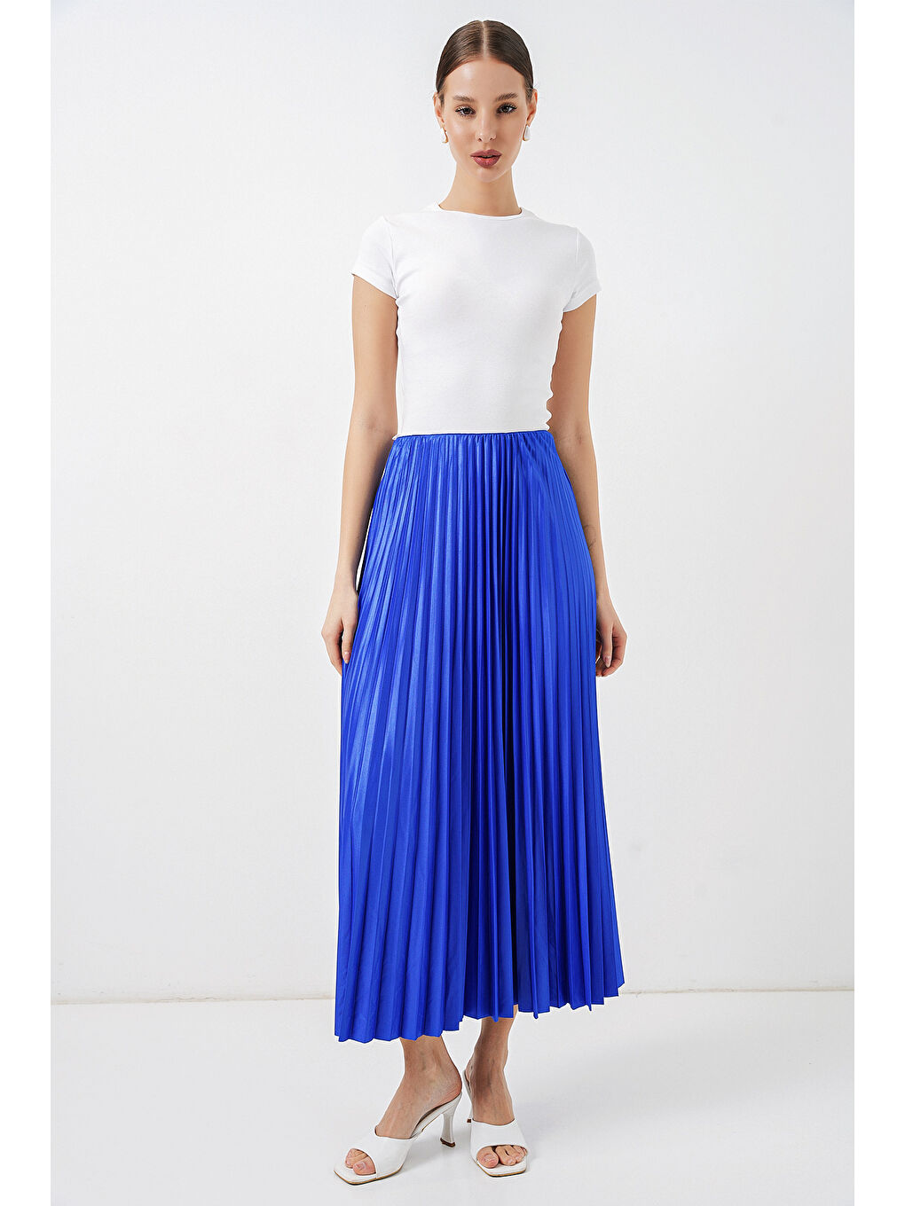 Mavi 8009 Deri Görünümlü Piliseli Etek - Saks-4