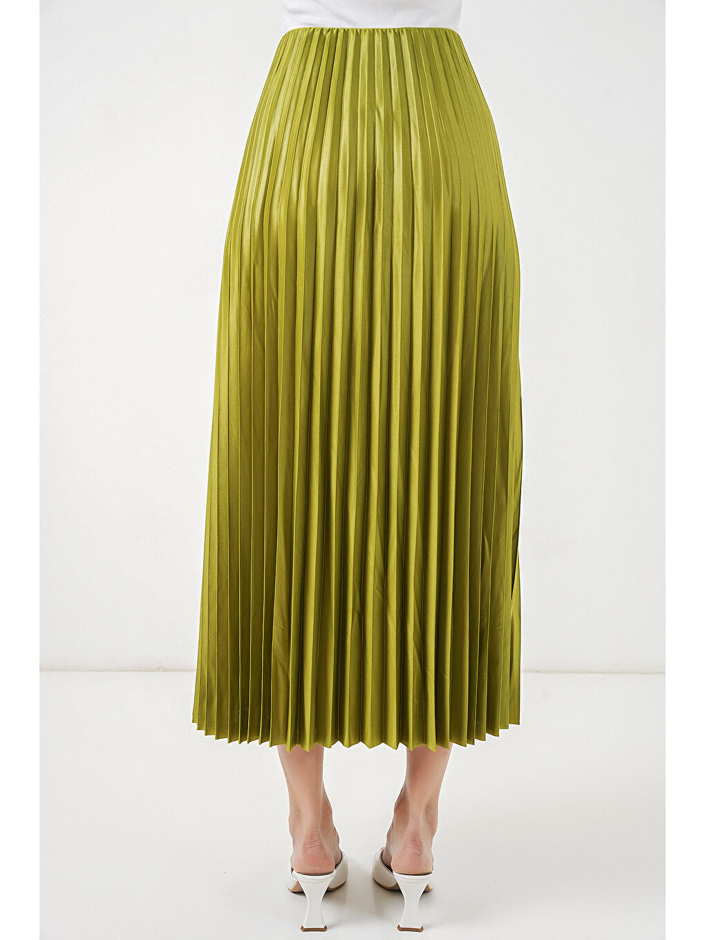 8009 Deri Görünümlü Piliseli Etek - Yağ Yeşil-6