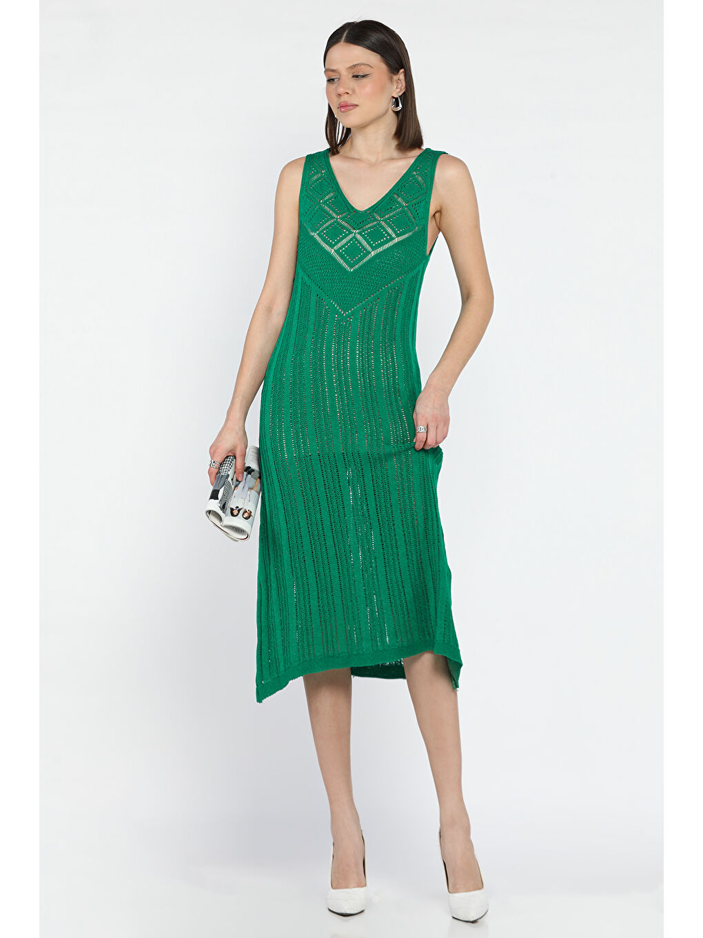 Yeşil Örme Detaylı V Yaka Kadın Triko Elbise( İçlikle Giyilmesi Önerilir)-1